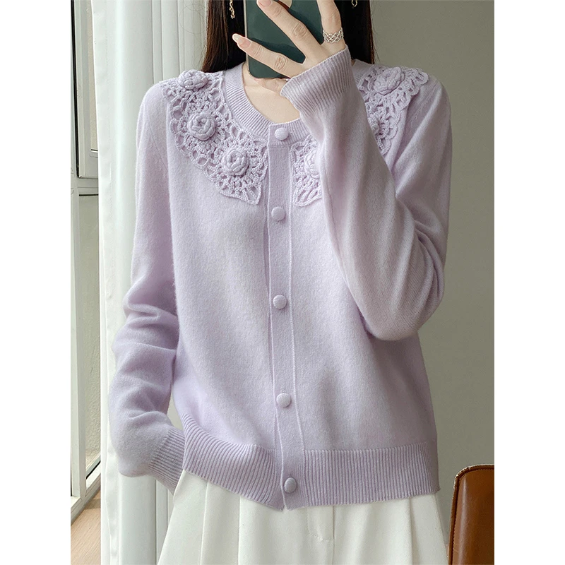 复古圆领立体编织羊毛开衫女秋冬高档洋气钩花100纯羊毛针织外套