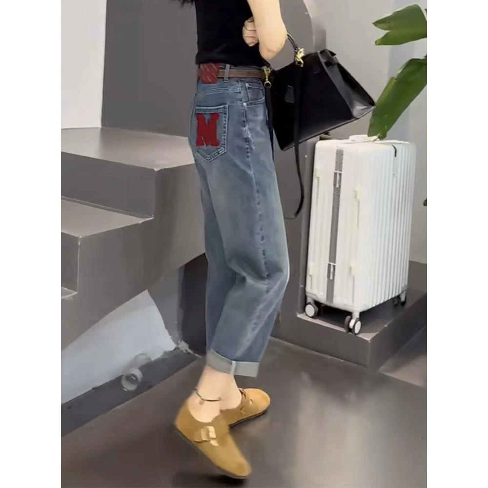 春夏薄款大码九分哈伦牛仔裤女宽松显瘦弹力窄版阔腿老爹裤