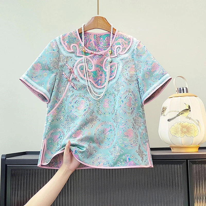 如意25年夏季新款桑蚕丝新宋锦气质女上衣圆领斜襟减龄网红休闲装