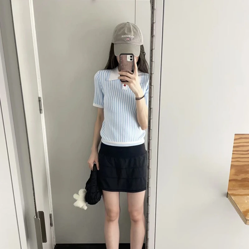 蓝色正肩条纹polo领短袖T恤女夏季超好看独特漂亮多巴胺修身上衣
