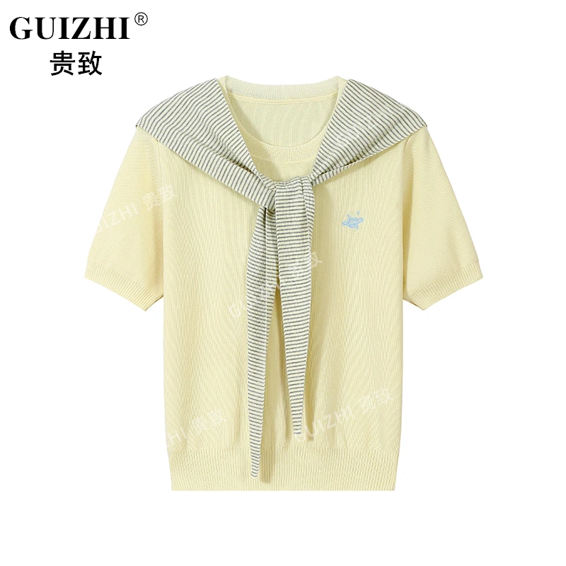 韩系洋气莱赛尔带披肩针织短袖T恤两件套女2025年夏季新款上衣女