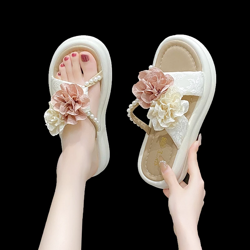 韩版甜美花朵一字拖女夏季轻便舒适外穿小花凉拖鞋踩屎感厚底拖鞋