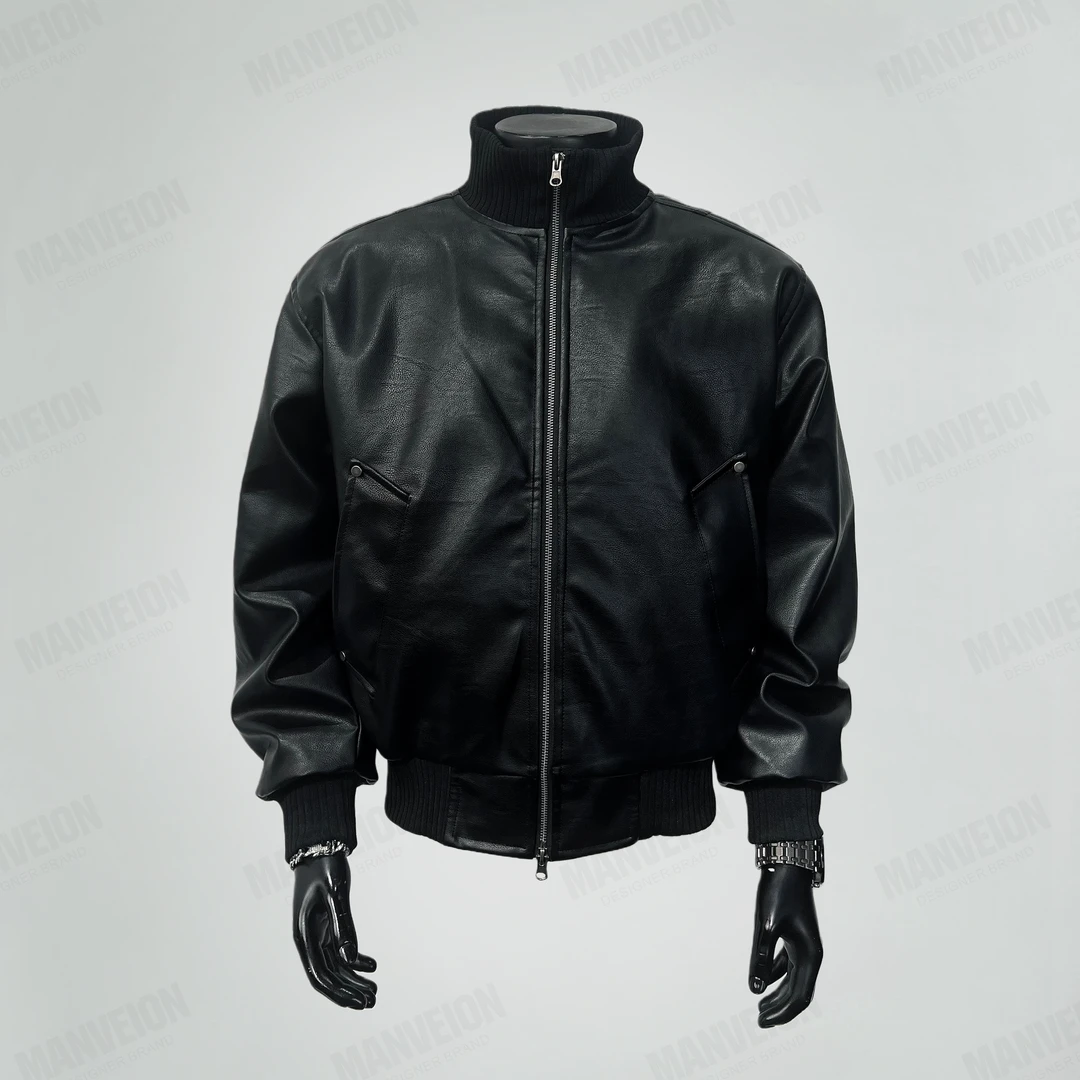MANVEION黑色杀手BOMBER皮夹克棉服加厚保暖立领冬季大码机车夹克