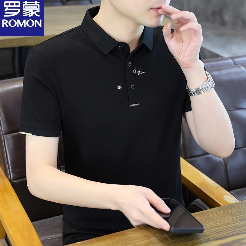 罗蒙潮牌夏日冰丝商务短袖T恤男士翻领凉感条纹精品polo衫带领男