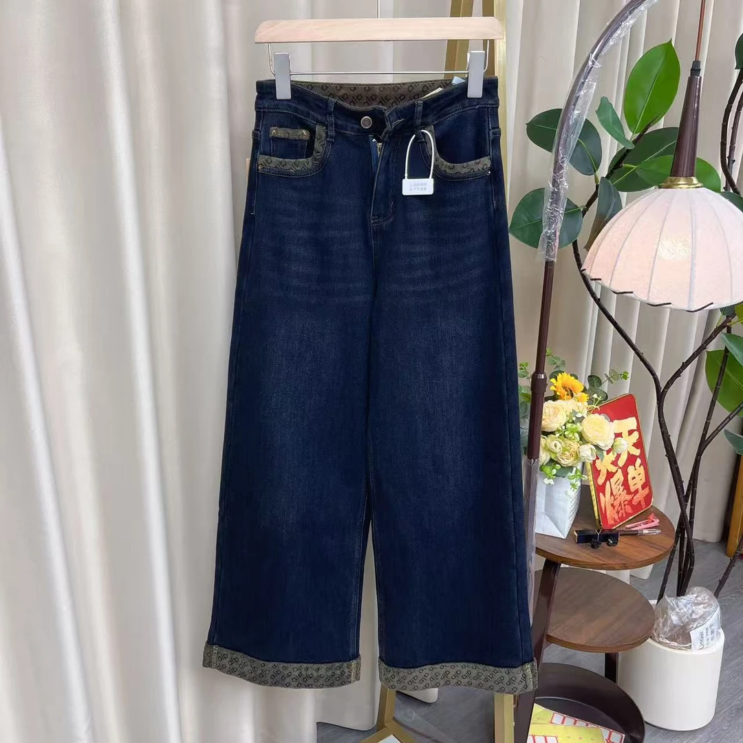7998女装牛仔裤时尚百搭宽松加绒蓝色水洗阔腿裤