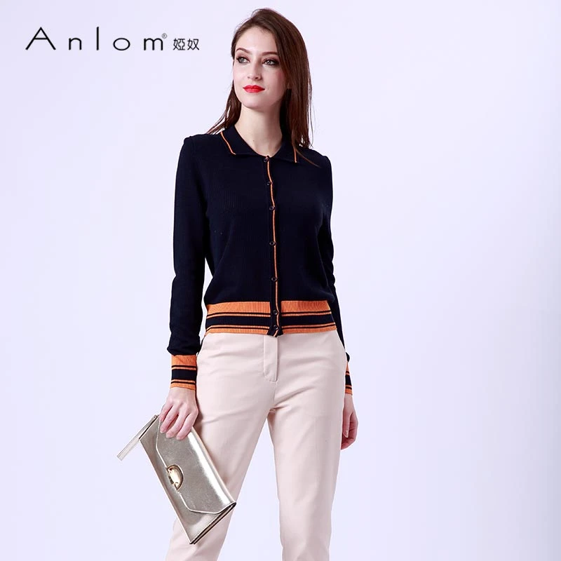 Anlom/娅奴秋季新款桑蚕丝针织开衫女上衣修身立领长袖百搭纯色