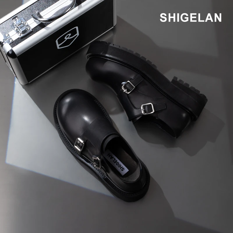 诗歌兰25款真皮洋气时髦英伦风浅口圆头厚底百搭系扣乐福鞋0791-2