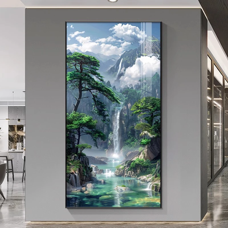 流水生财风景画入户玄关挂画正对门走廊过道装饰画源远流长山水画