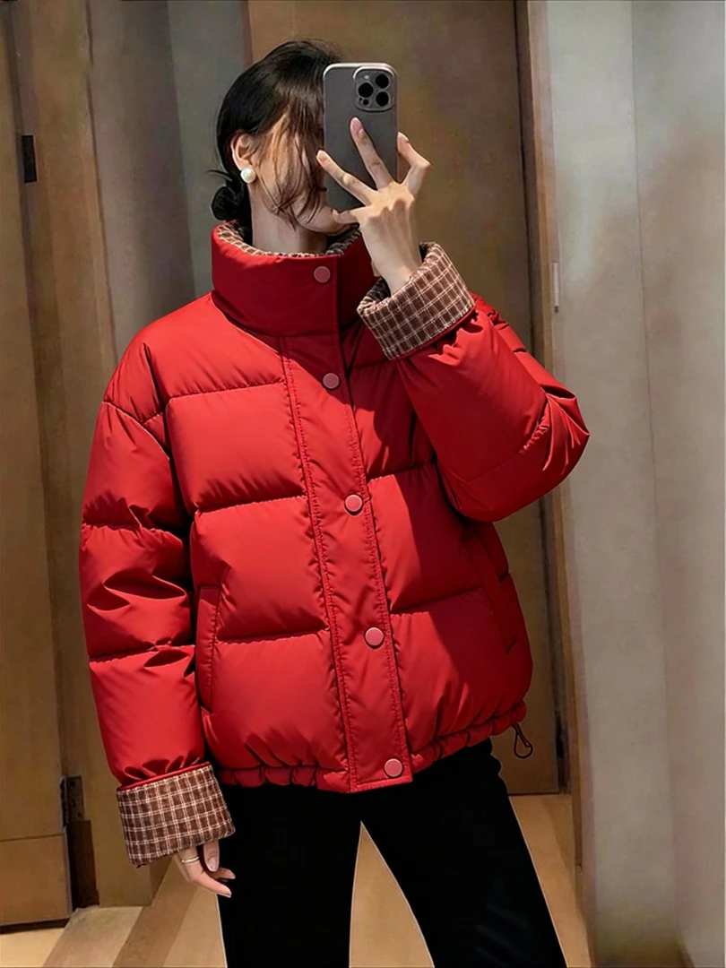红色格子拼接立领轻薄棉服女款2025新款休闲韩系高级感保暖小棉袄