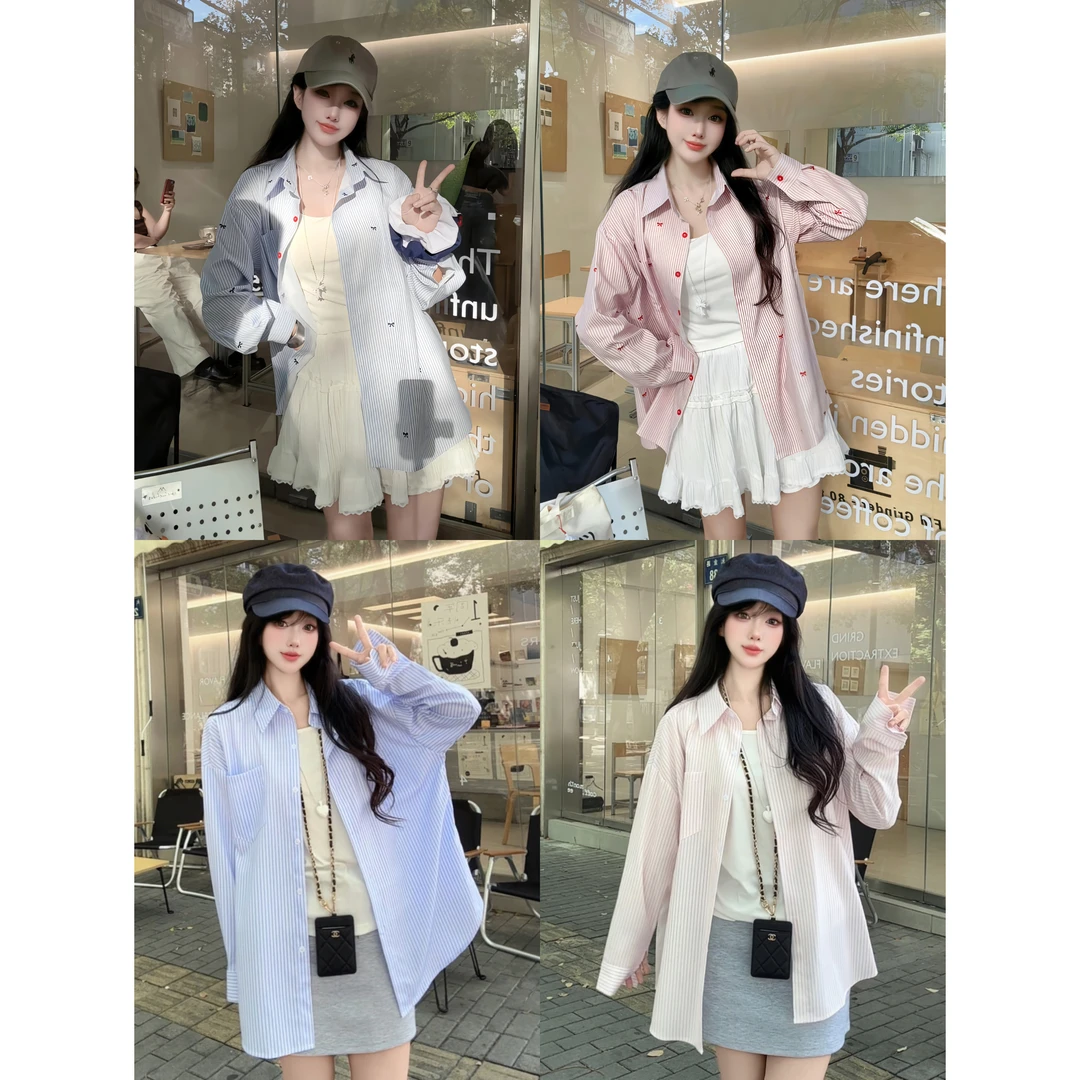 蓝色条纹衬衫外套女秋季薄款新款设计感小众韩系宽松上衣长袖外穿