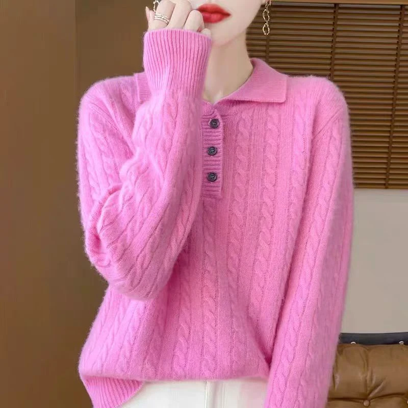 纯羊毛POLO领澳毛麻花针织衫女秋冬新款半开扣领加厚长袖上衣