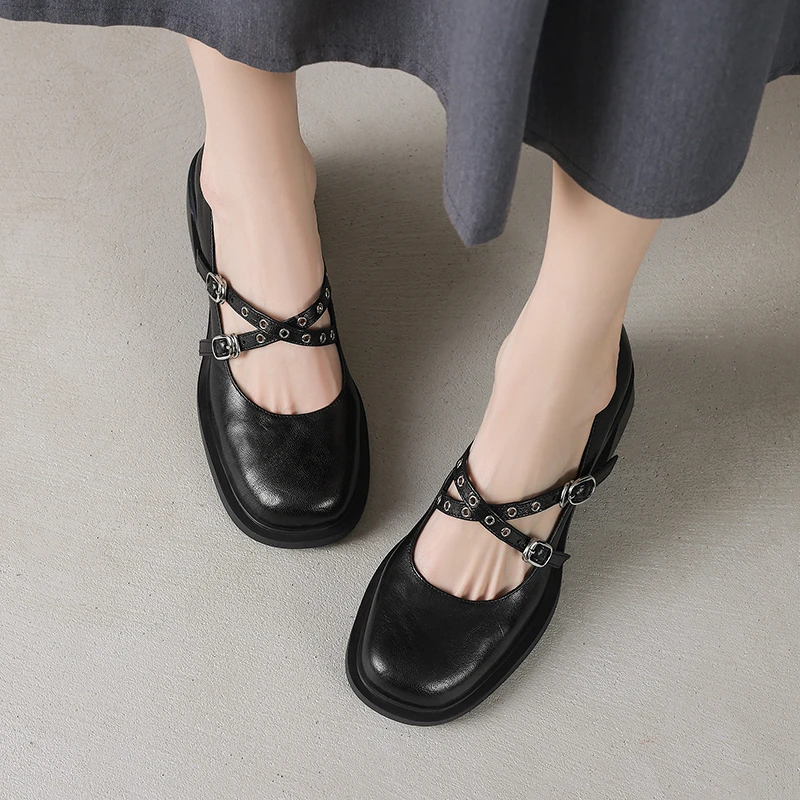 羊皮/6cm/浅口复古通勤方头皮鞋英伦风单鞋圆头百搭粗跟春季女鞋