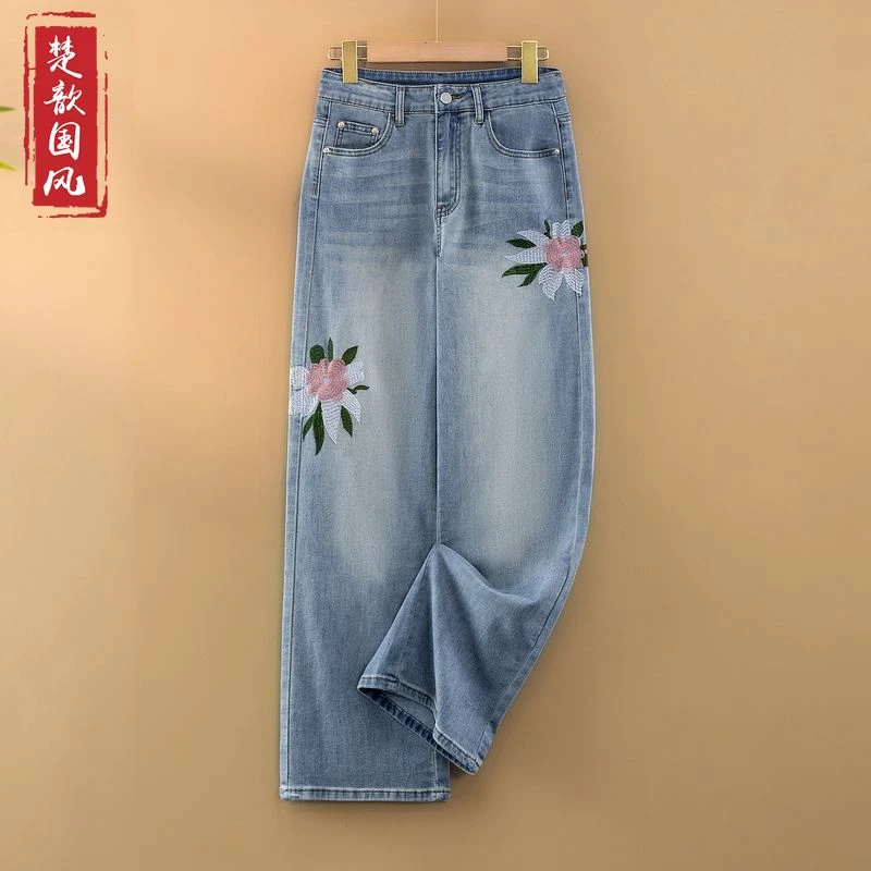 【素芳】夏季2025新款薄款牛仔裤女装新中式直筒绣花休闲裤国风裤子