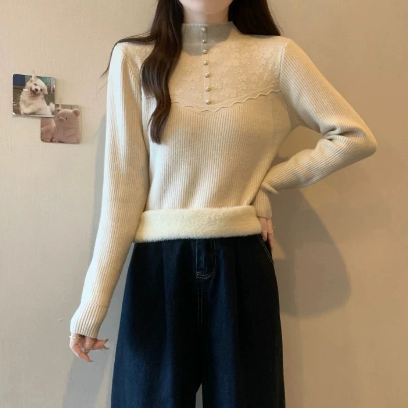 〔怡怡家〕立领重工钉珠加绒加厚毛衣031