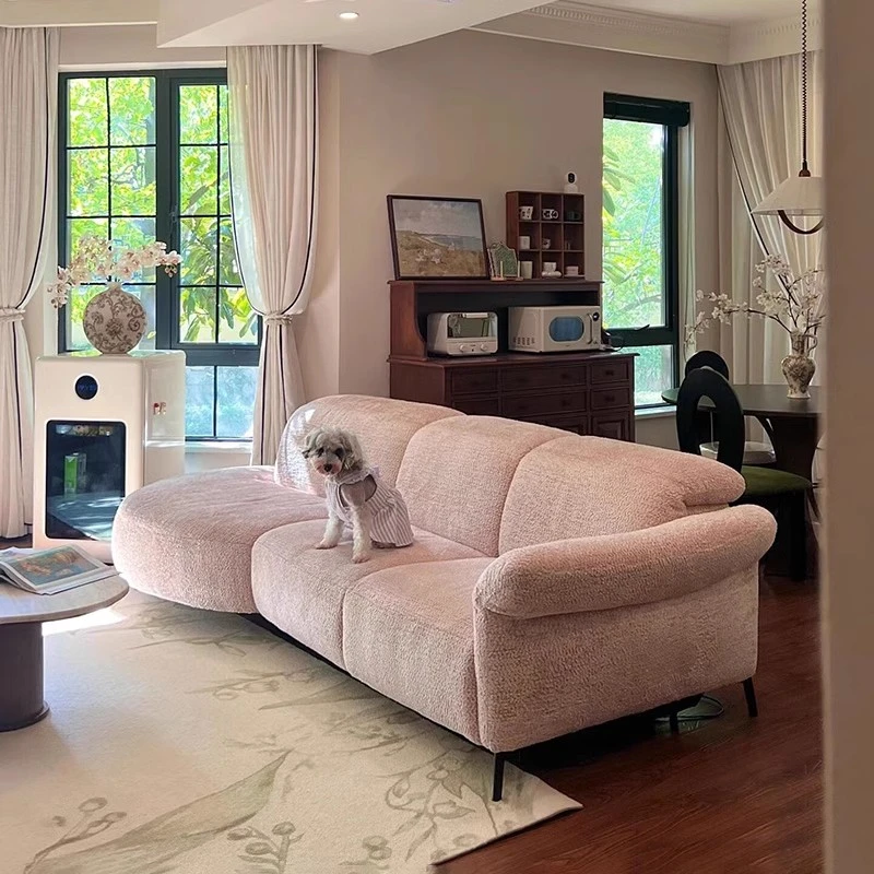 意式极简粉色布艺小户型客厅直排网红奶油风设计师弧形威尼斯沙发