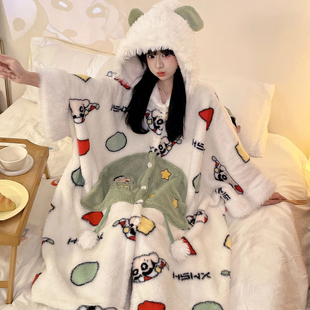 可爱斗篷睡袍女珊瑚绒秋冬季天新款加绒加厚中长款保暖睡衣家居服