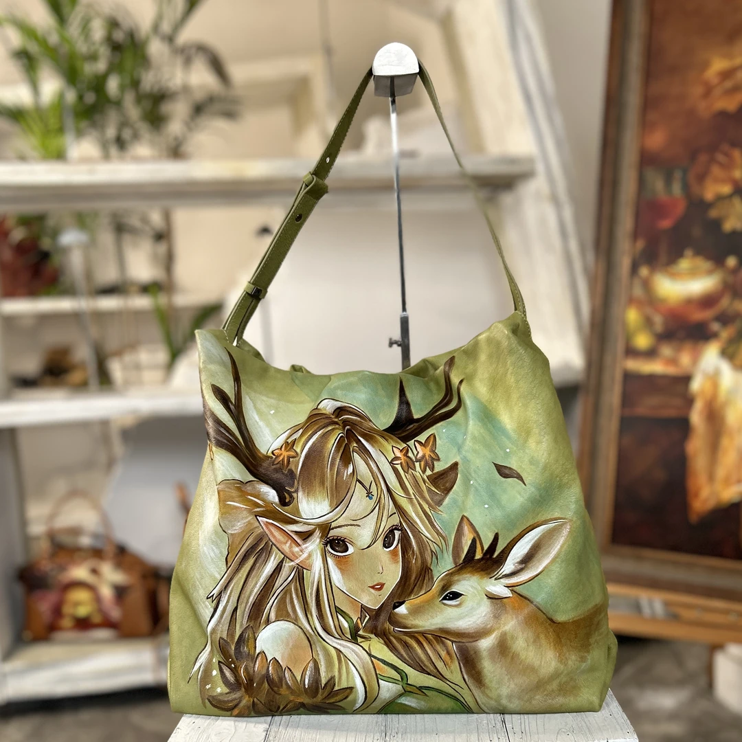 原创手工手绘真皮女包休闲斜挎包单肩包女士包包慵懒风通勤女包