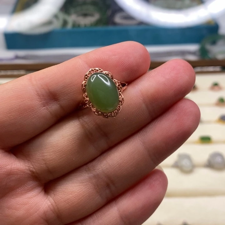 和田玉戒指银S925镀金镶嵌
