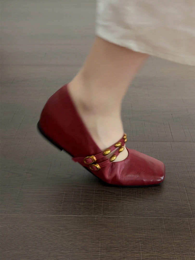 3.5cm/ED2543羊皮方头浅口一字带单鞋女复古平底内增高玛丽珍鞋