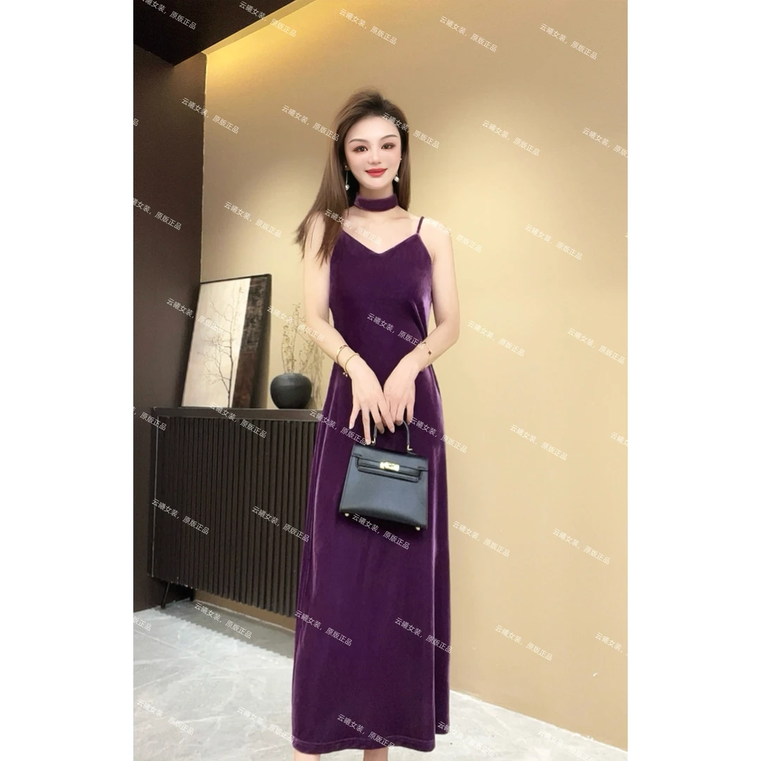【2129送飘带】丝绒吊带裙 秋季新款百搭时尚洋气连衣裙斜裁鱼尾裙
