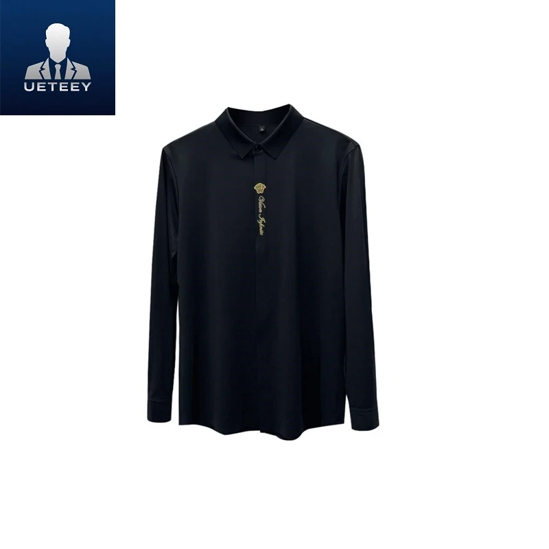 秋季高端时尚商务休闲暗扣长袖衬衫男款免烫抗皱修身字母西装衬衣