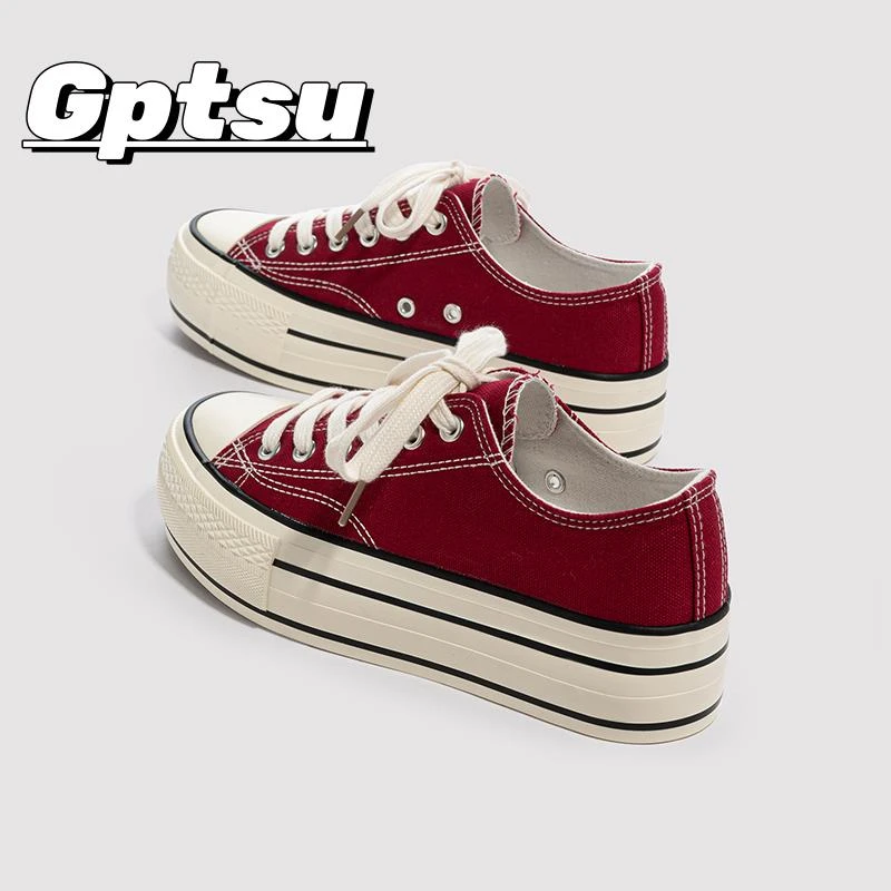 GPTSu酒红色帆布鞋女新款厚底增高鞋女款布鞋夏季款透气低帮女鞋