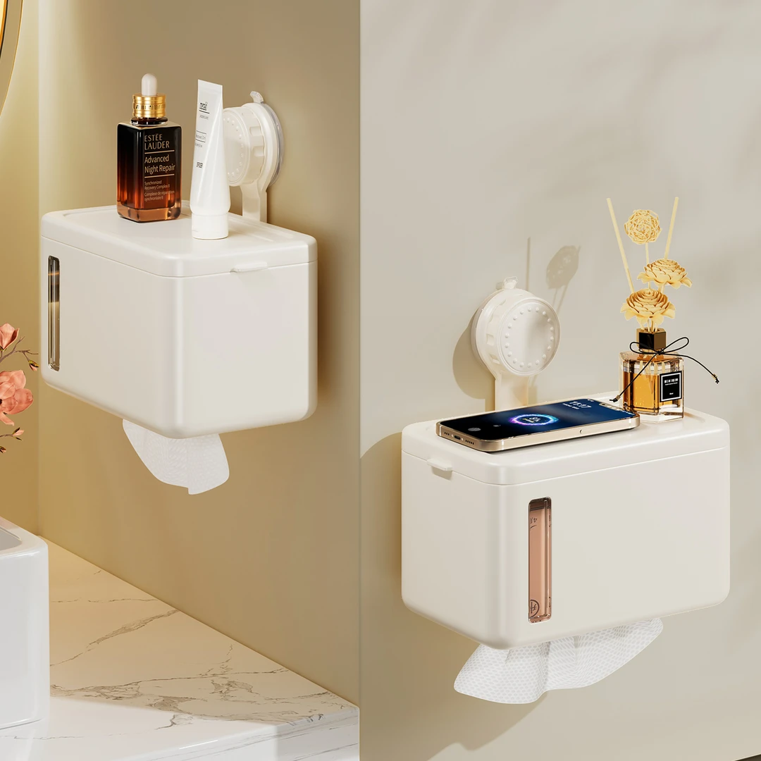 奶油风吸盘纸巾盒卫生间免打孔厕纸盒厕所卷纸架纸巾架挂式抽纸盒