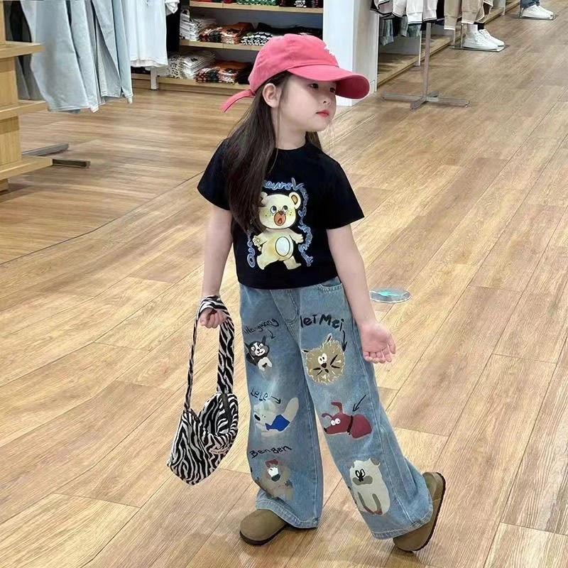 【热推爆款】女童印花牛仔裤阔腿裤春秋款2025新款韩版时髦儿童长裤