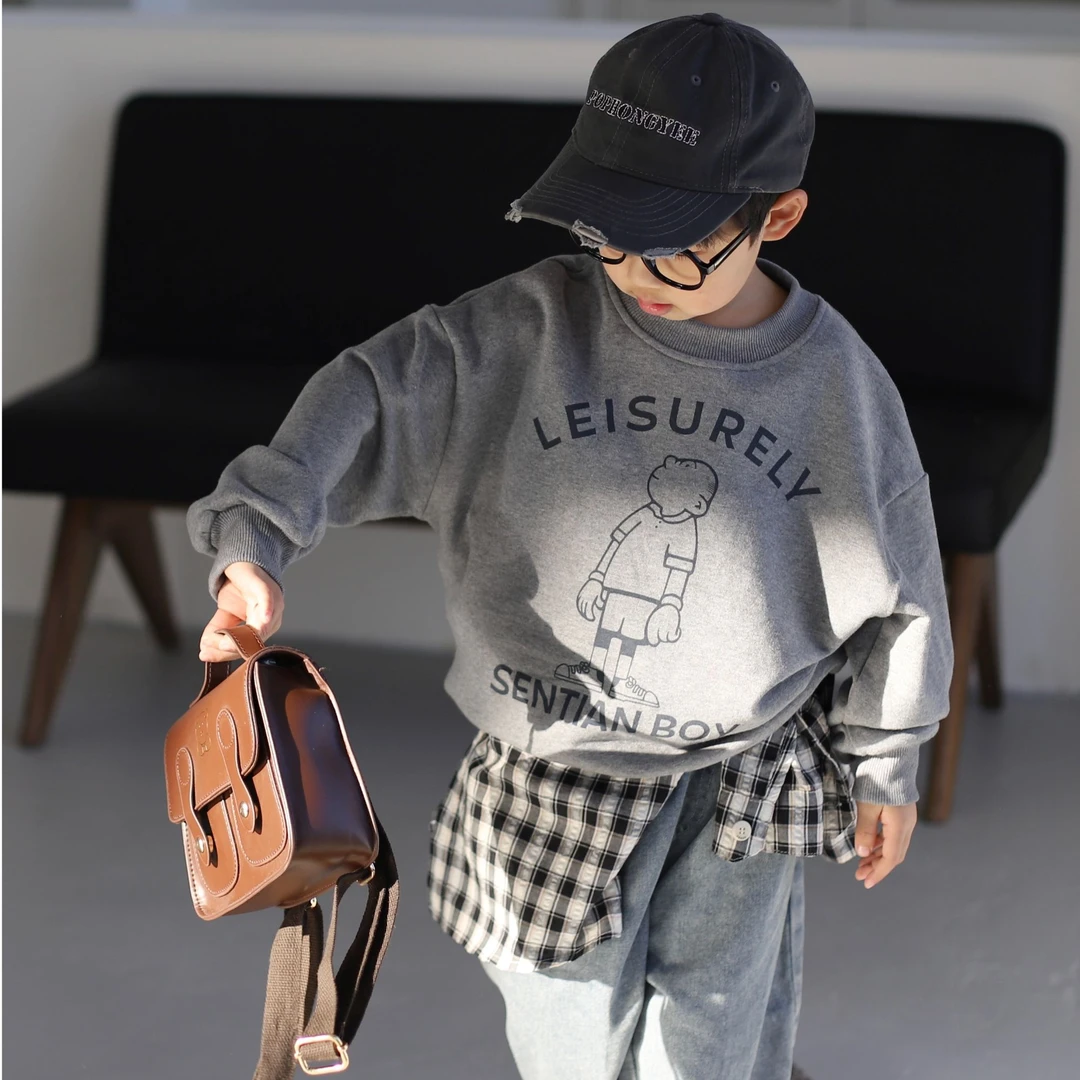 2025春季新款儿童韩版秋冬款时尚春款长袖灰色字母卡通卫衣中大童