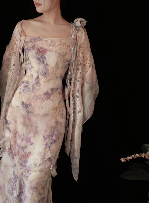 仙子狗尾巴花原创正版vintage长裙日常复古连衣裙夏季风吊带鱼尾