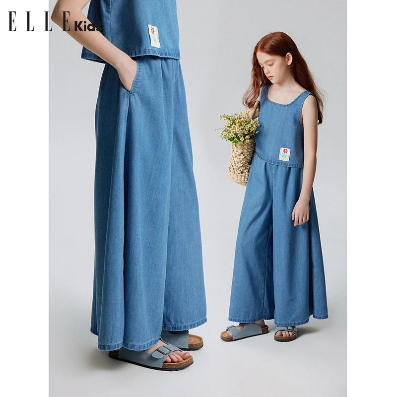 ELLE KIDS法式松弛冰氧酷醋酸牛仔A版时尚休闲复古阔腿裤A3