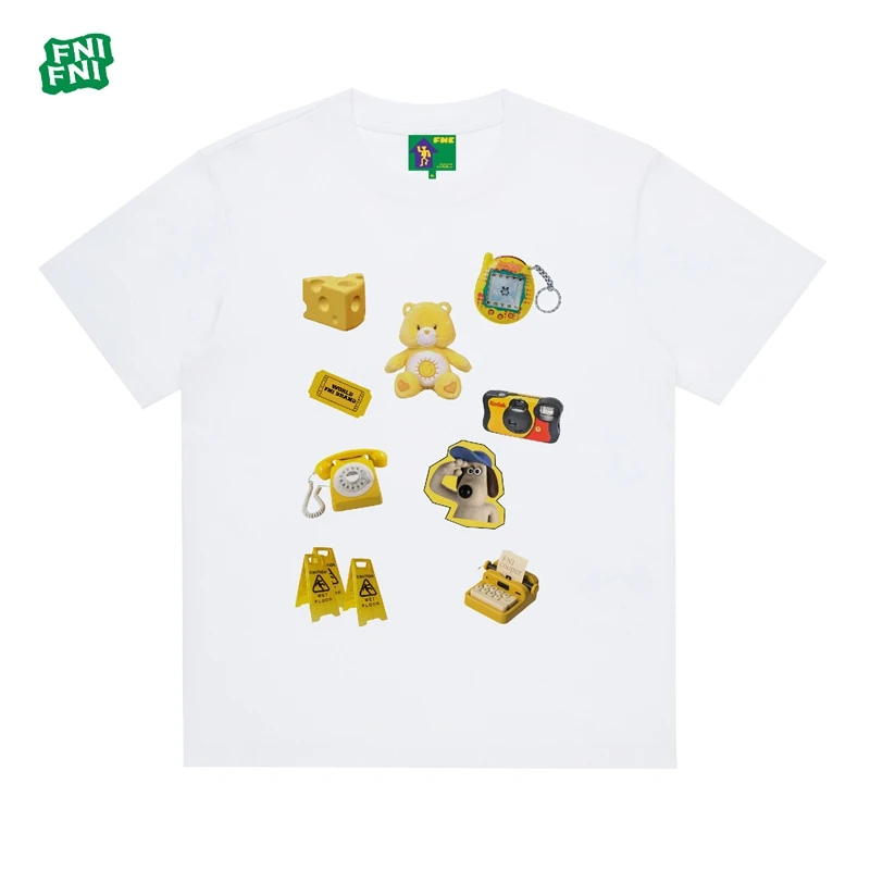 FNI国潮重磅纯棉（黄色物件掌门狗）男女同款t恤美式复古短袖潮白墨