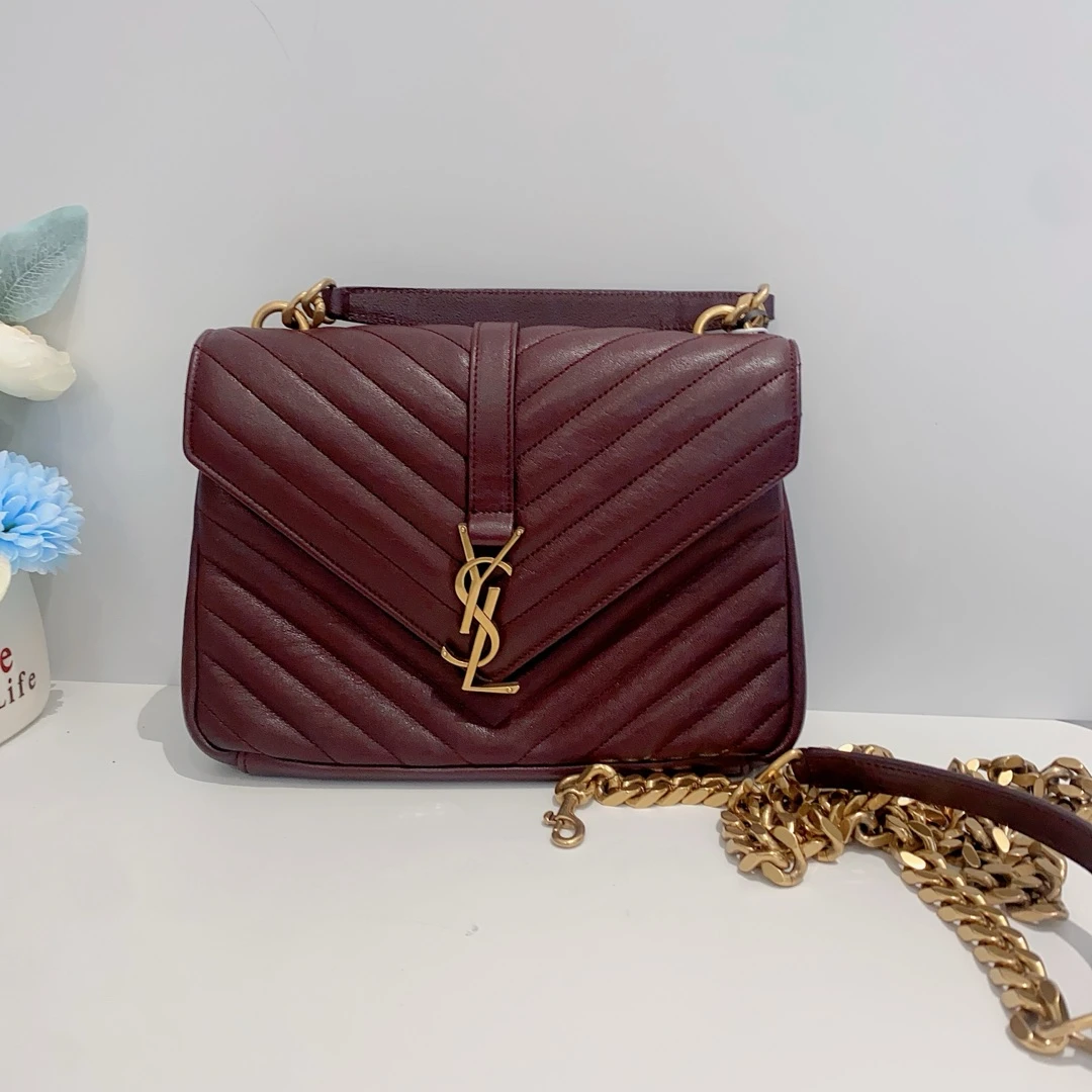 95新 YSL/圣罗兰 酒红色邮差包单肩包16461322