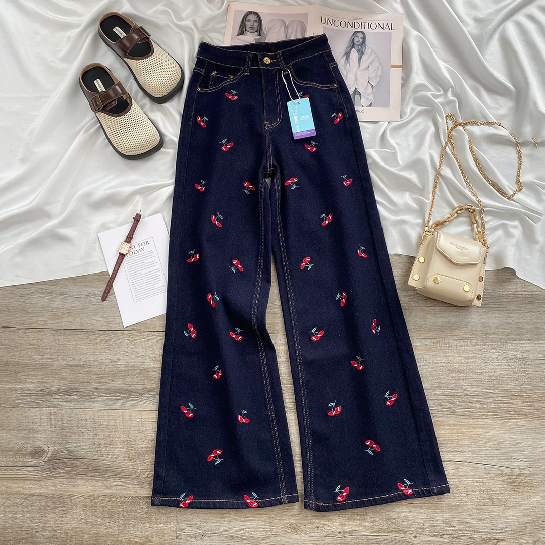 丹宁蓝刺绣直筒牛仔裤女2025年秋季新款高腰显瘦宽松垂感直筒裤女
