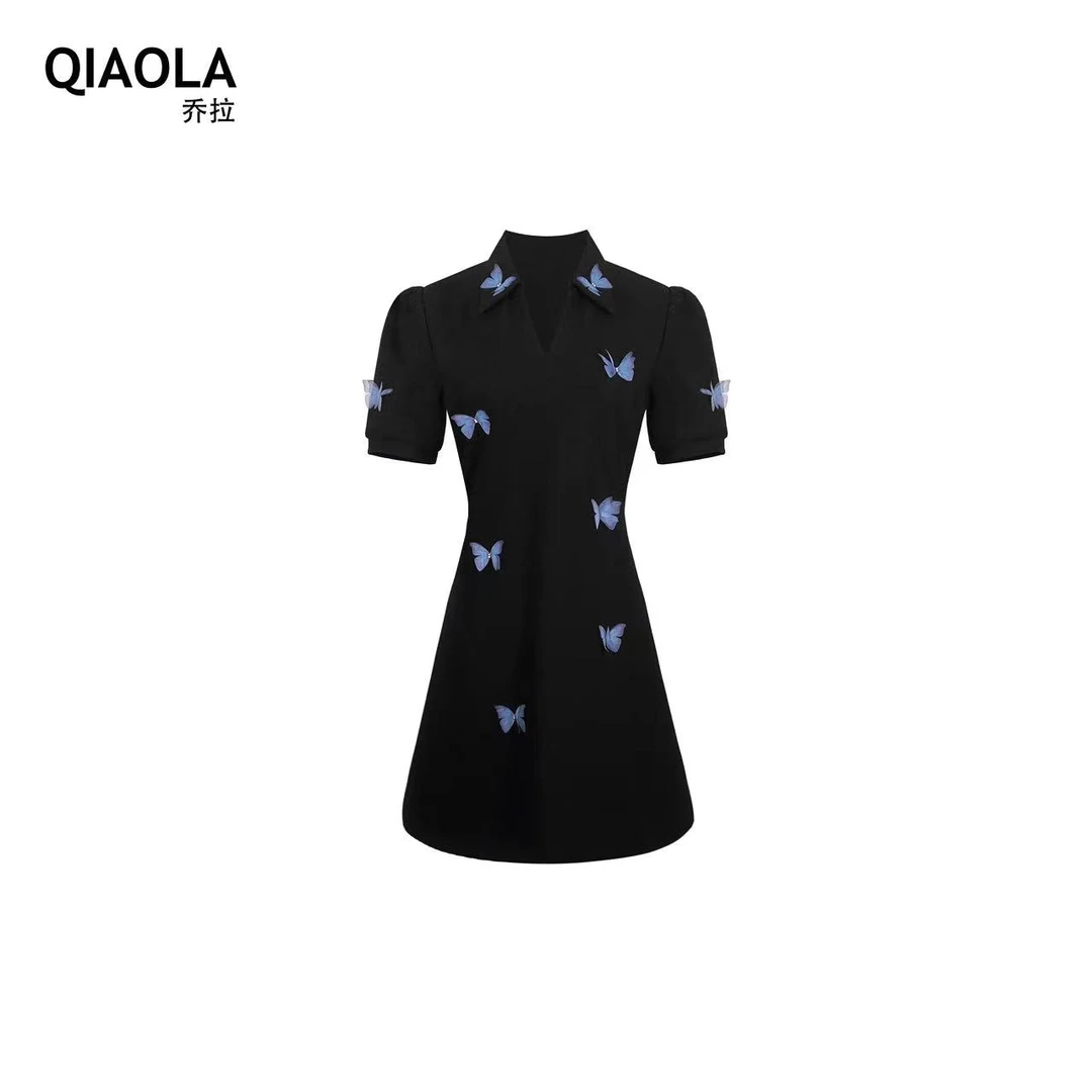QIAOLA/乔拉【蝴蝶谷】夏款POLO领立体蝴蝶轻奢减龄休闲连衣裙预售