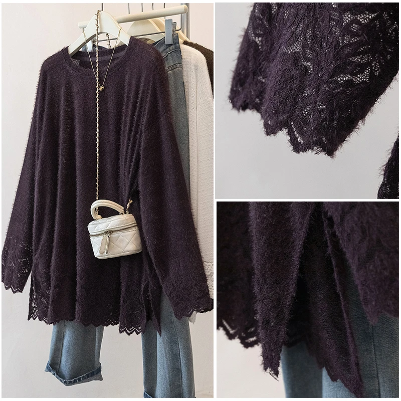 新品胖mm秋季款法式优雅镂空蕾丝拼接打底衫洋气开叉绒面蕾丝衫