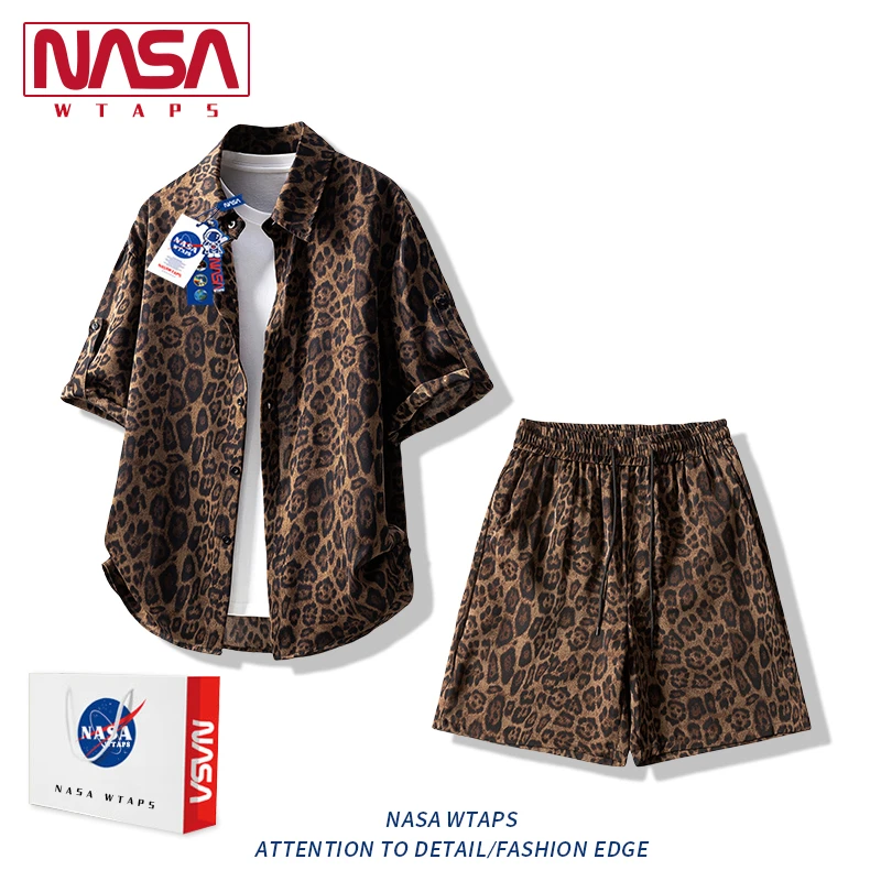 NASA WTAPS美式豹纹运动套装男款夏季时尚潮流宽松短袖衬衫休闲裤