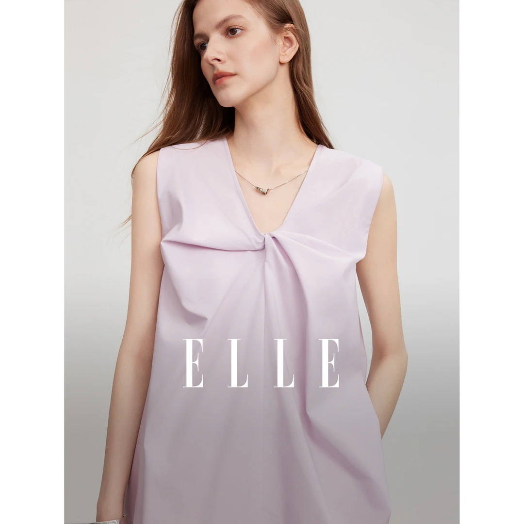 ELLE可露丽优雅扭结衬衫女2025夏季新款圆领通勤无袖EM51350