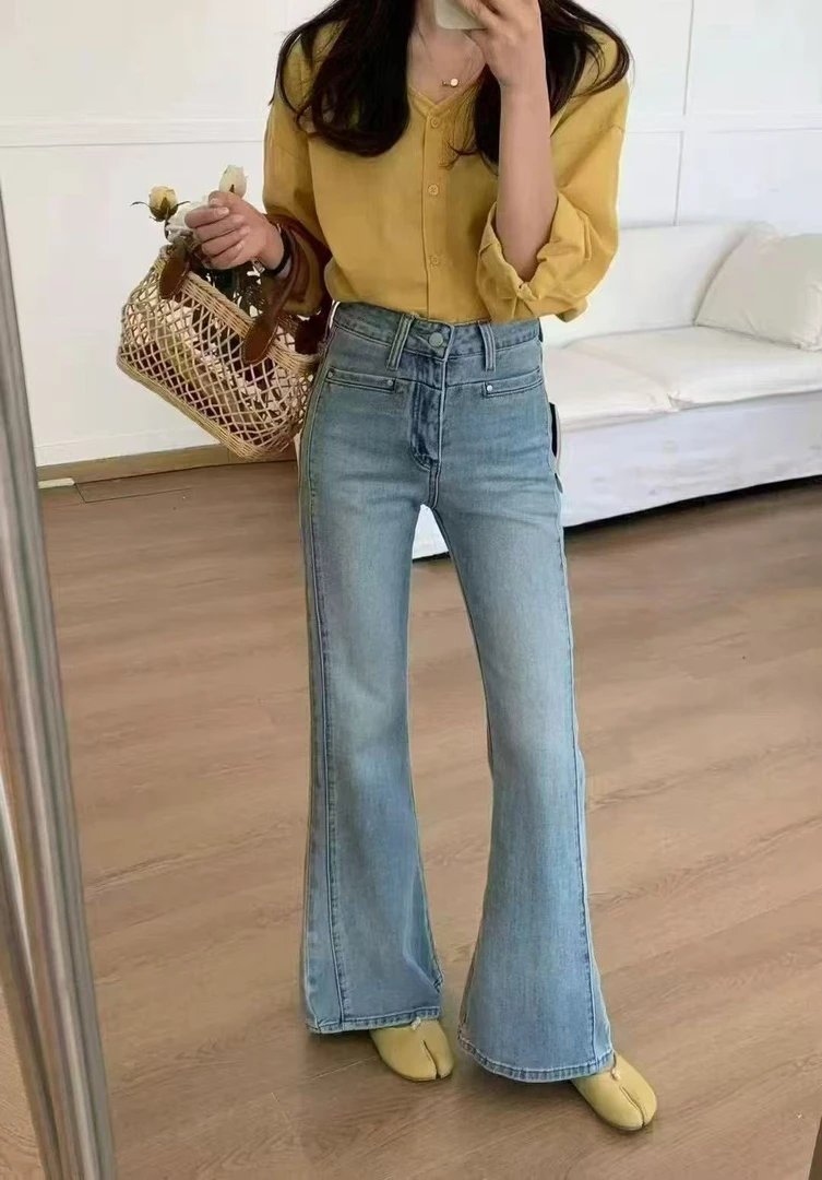 女裤2025春季新款浅蓝色牛仔时尚筒喇裤高腰显瘦喇叭裤8832-1