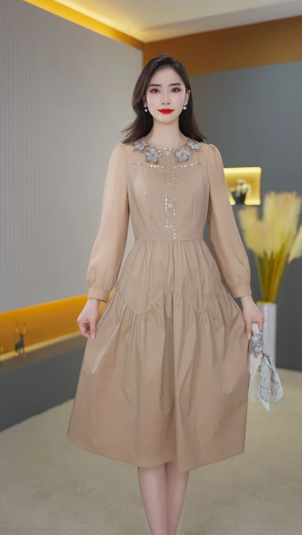 【高货定制】B320咖色新款优雅气质时尚减龄休闲收腰显瘦连衣裙