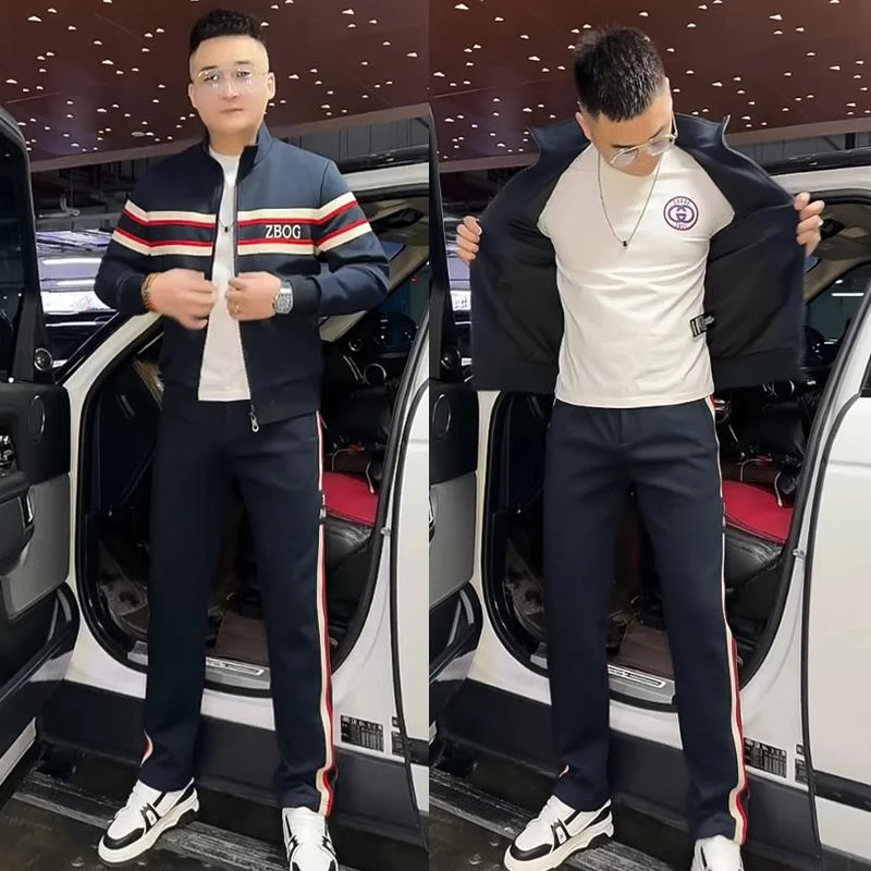 联名款【时尚男装】休闲运动套装潮牌情侣款彩条织带卫衣直筒长