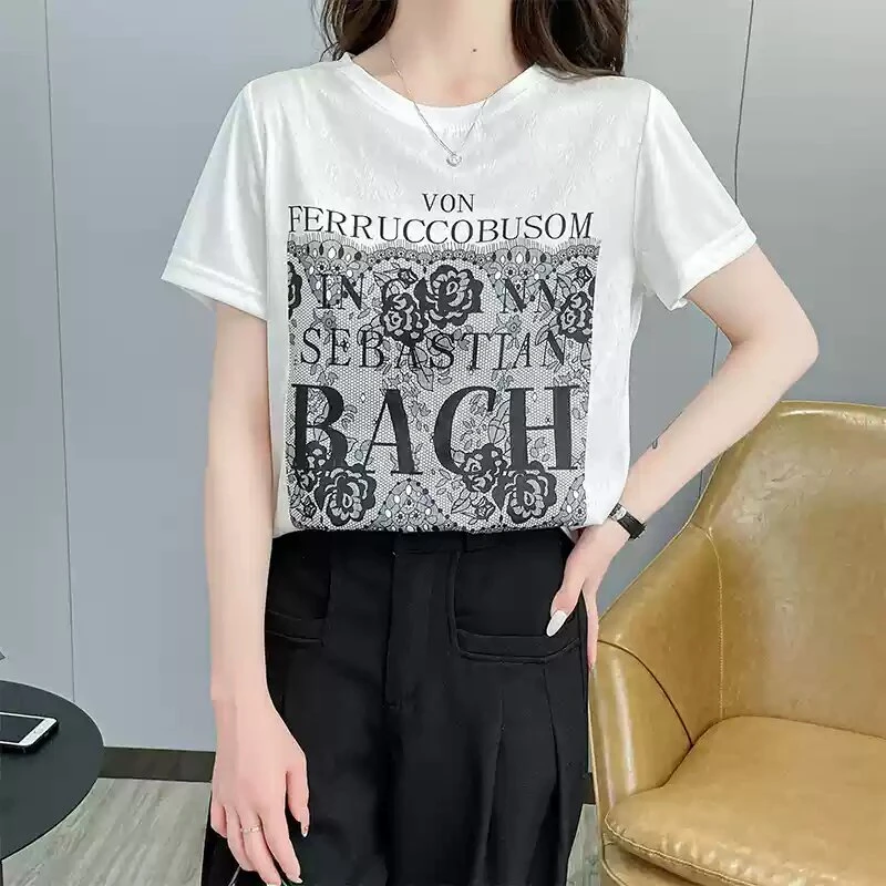 新号宠粉专属）2025圆领AB面仿桑蚕丝拼接棉宽松印花设计感T恤