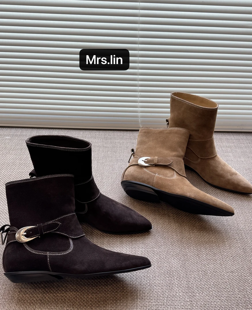 【Mrs.lin高丝光牛绒版3cm】露丝同款牛仔靴尖头厚底短靴女时尚百搭