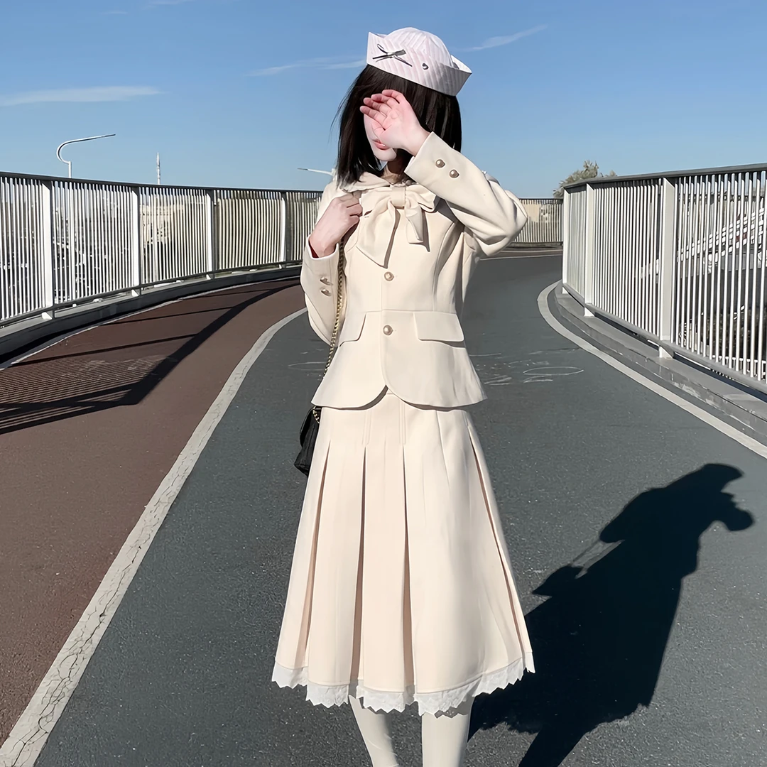 久川小姐】布丁熊原创JK制服毛呢西装外套蝴蝶结千金学院风裙套装