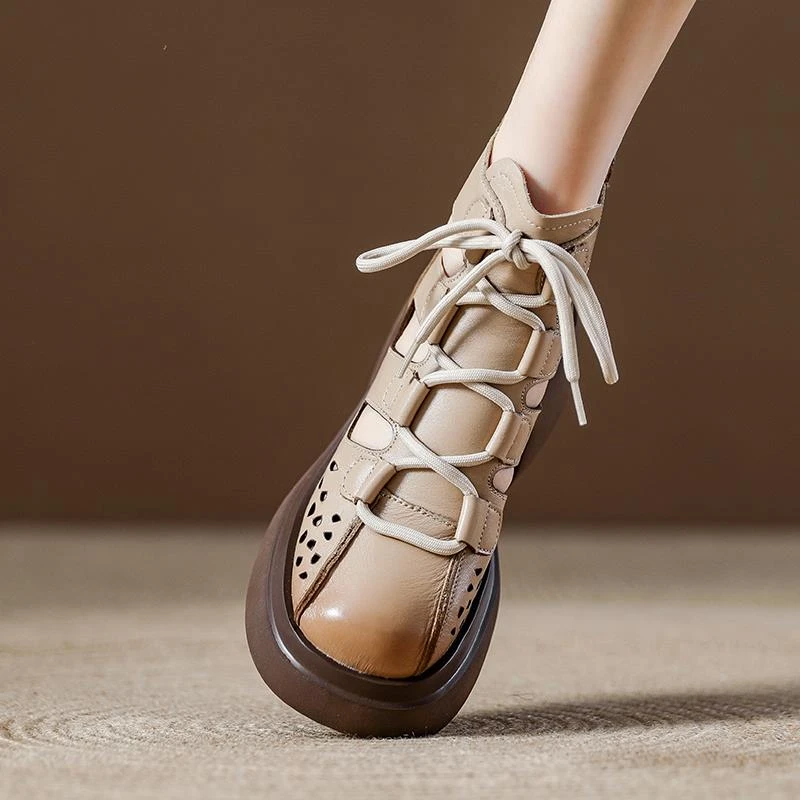 头层牛皮短靴女夏季镂空2025年新款复古女鞋坡跟凉靴配裙子马丁靴