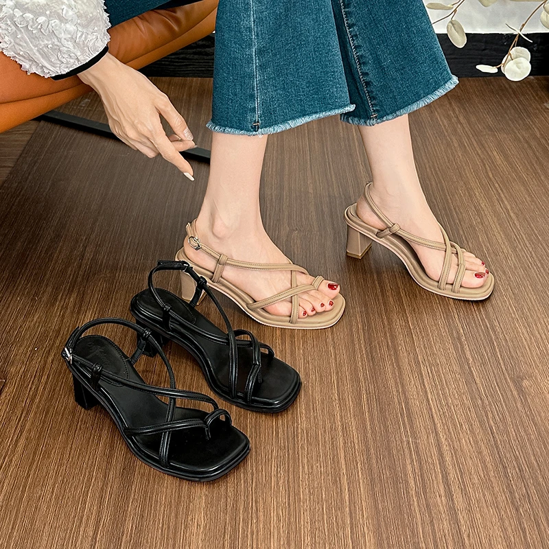 交叉绊带高跟凉鞋6cm裸肤色方头细带露趾凉鞋女2025罗马凉鞋EE127