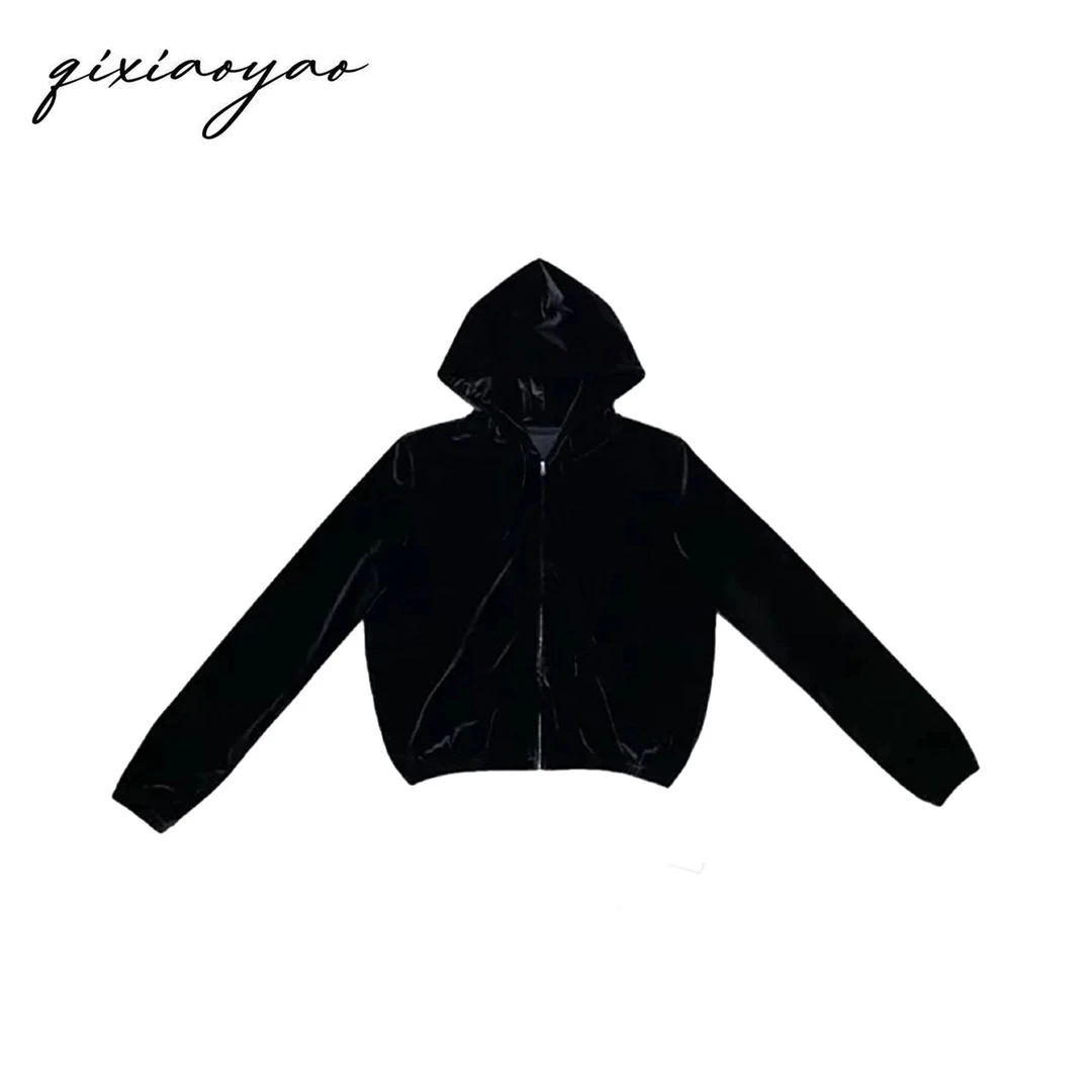 小妖同款丝绒卫衣秋冬水钻连帽开衫运动外套女#QSXY23007