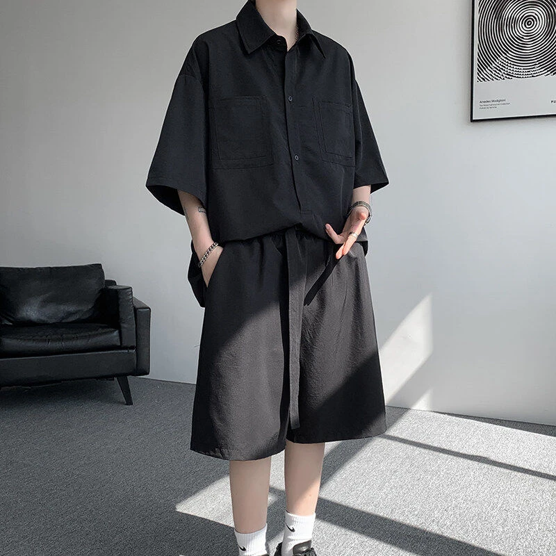 冰丝短袖t恤男夏季薄款透气速干运动短裤宽松慵懒风衬衫休闲套装