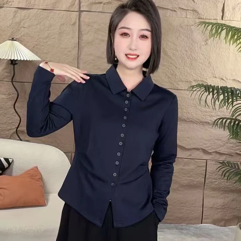 2025新开衫6扣眼秋装简约纯色收腰衬衫扣女气质百搭格子上衣衬衣