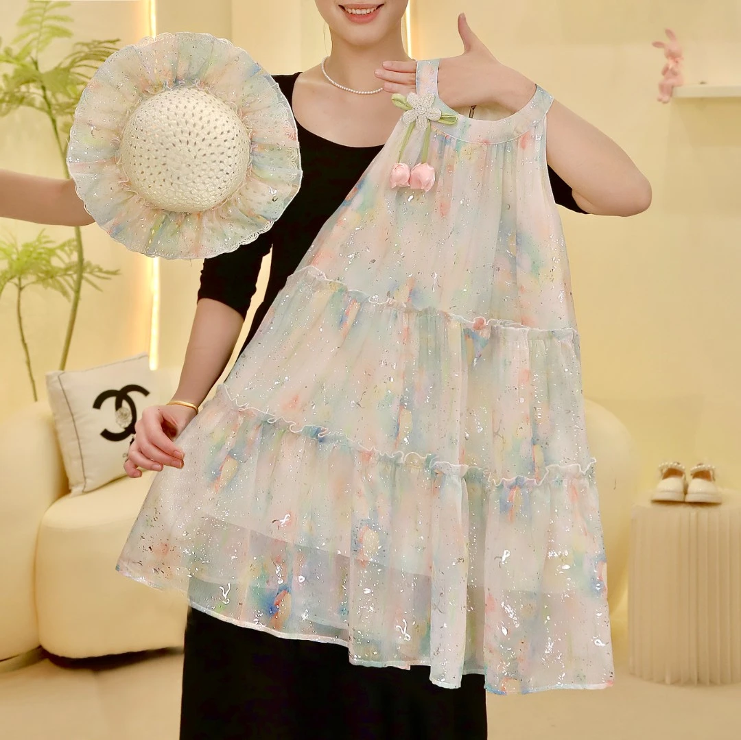 女童连衣裙2025夏季高级感碎花撒银挂脖连衣裙公主裙5230001728